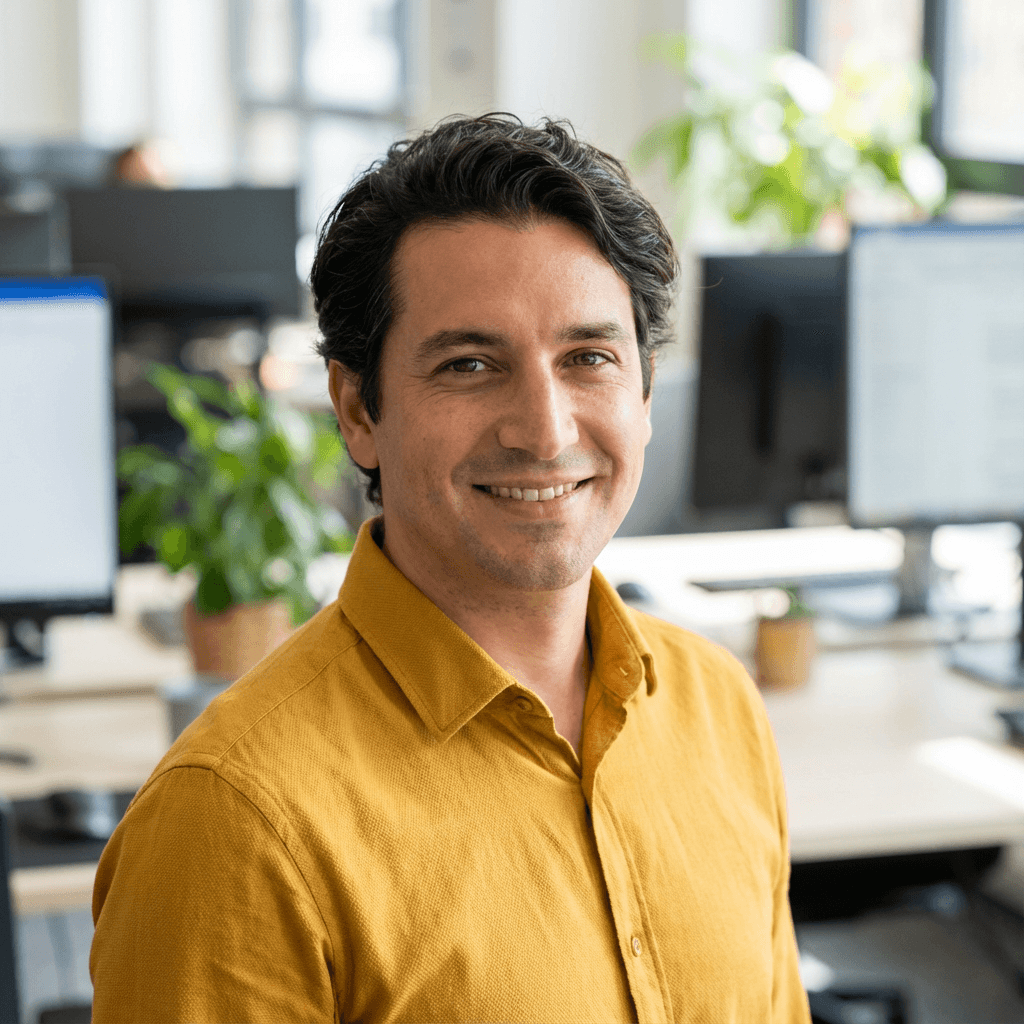 Marketing lead smiling in professional setting
