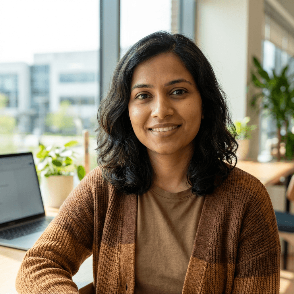 Priya Sharma reviewing a report in her office