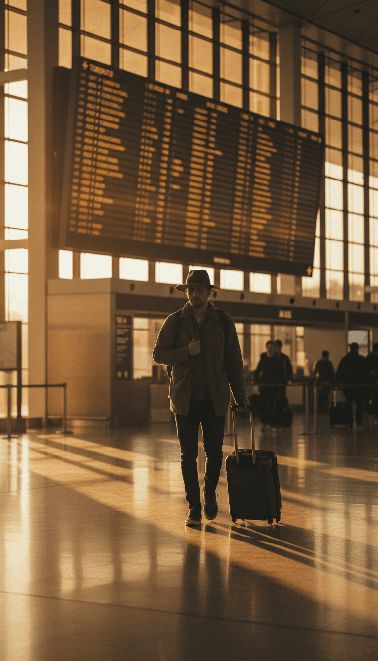Traveler moving through a bright international airport terminal