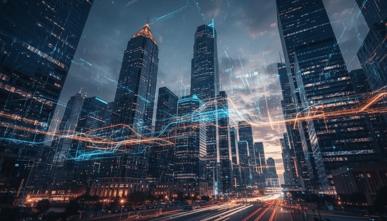 City skyline at dusk with glowing network connections
