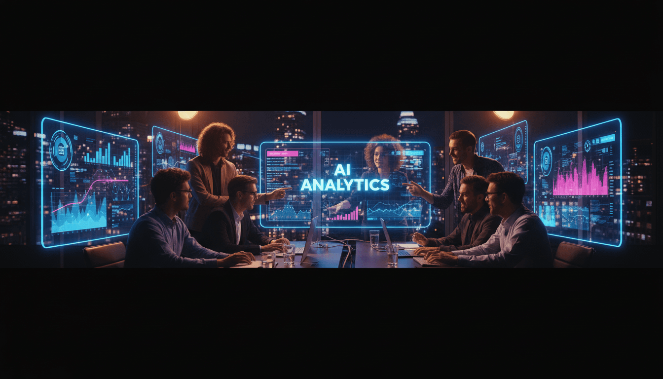Marketing team collaborating around screens with AI analytics in a modern studio