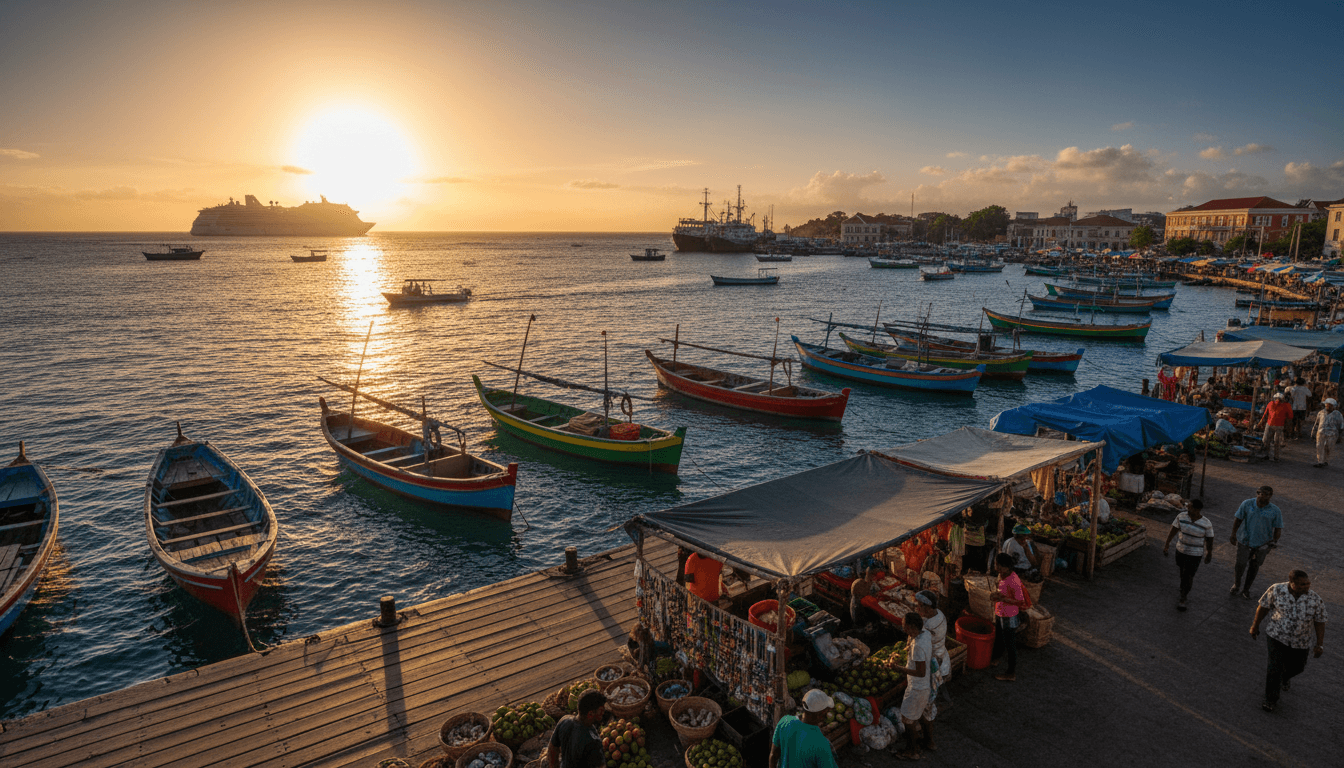 View of a busy Caribbean harbor and waterfront at golden hour