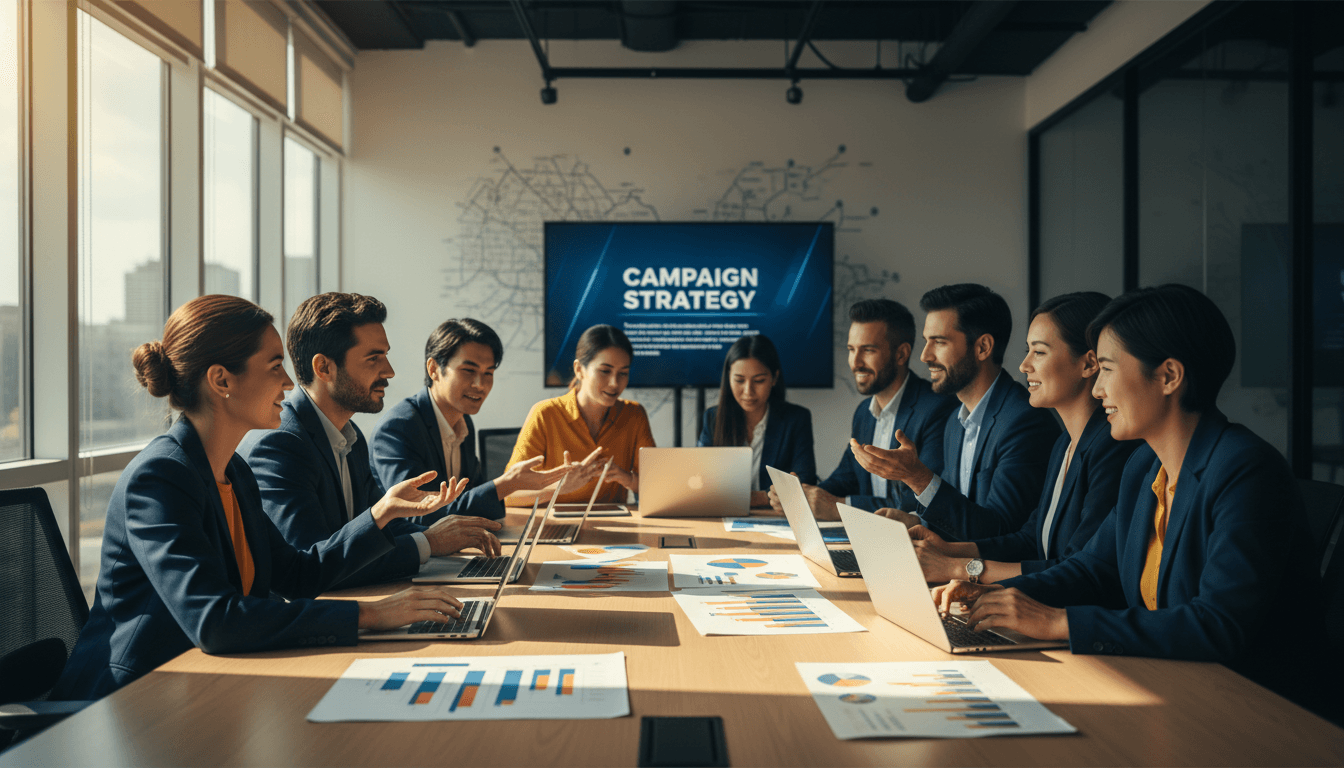 Marketing team discussing campaign strategy around a table in a modern office
