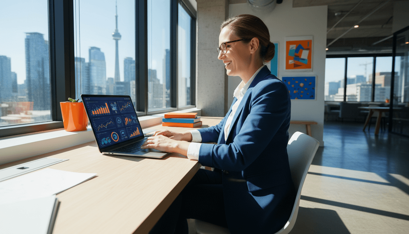 Business owner reviewing marketing growth on a laptop in a bright Toronto office