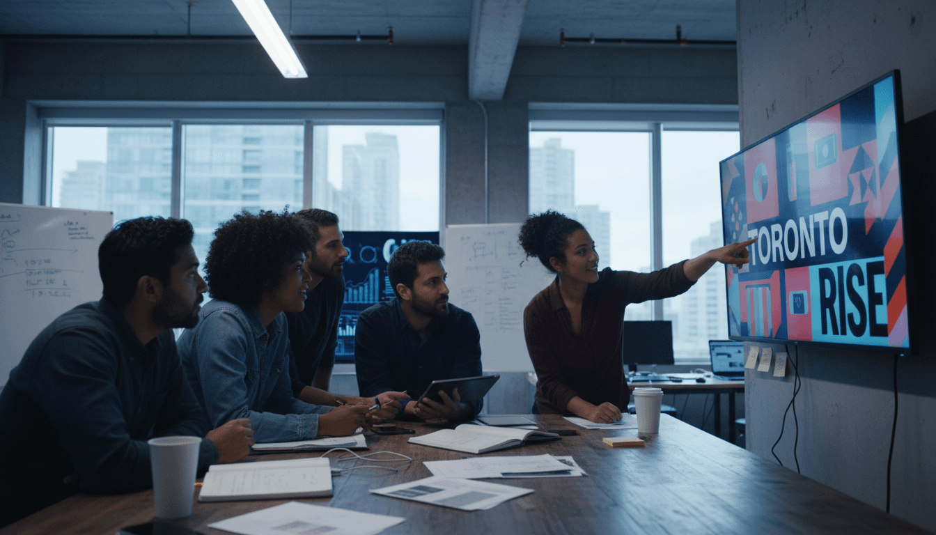 Creative team reviewing AI-generated campaign visuals in a studio