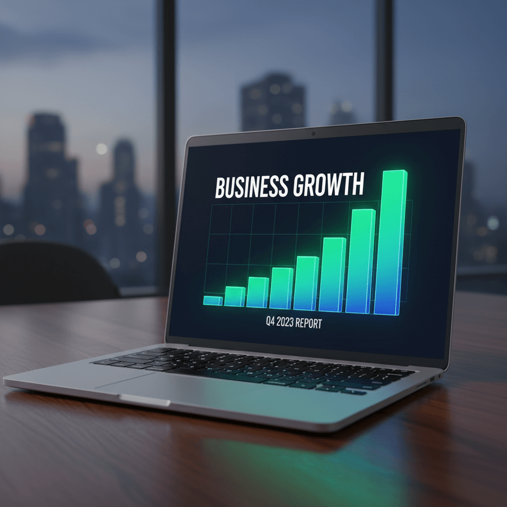 Laptop displaying a growth chart and business analytics