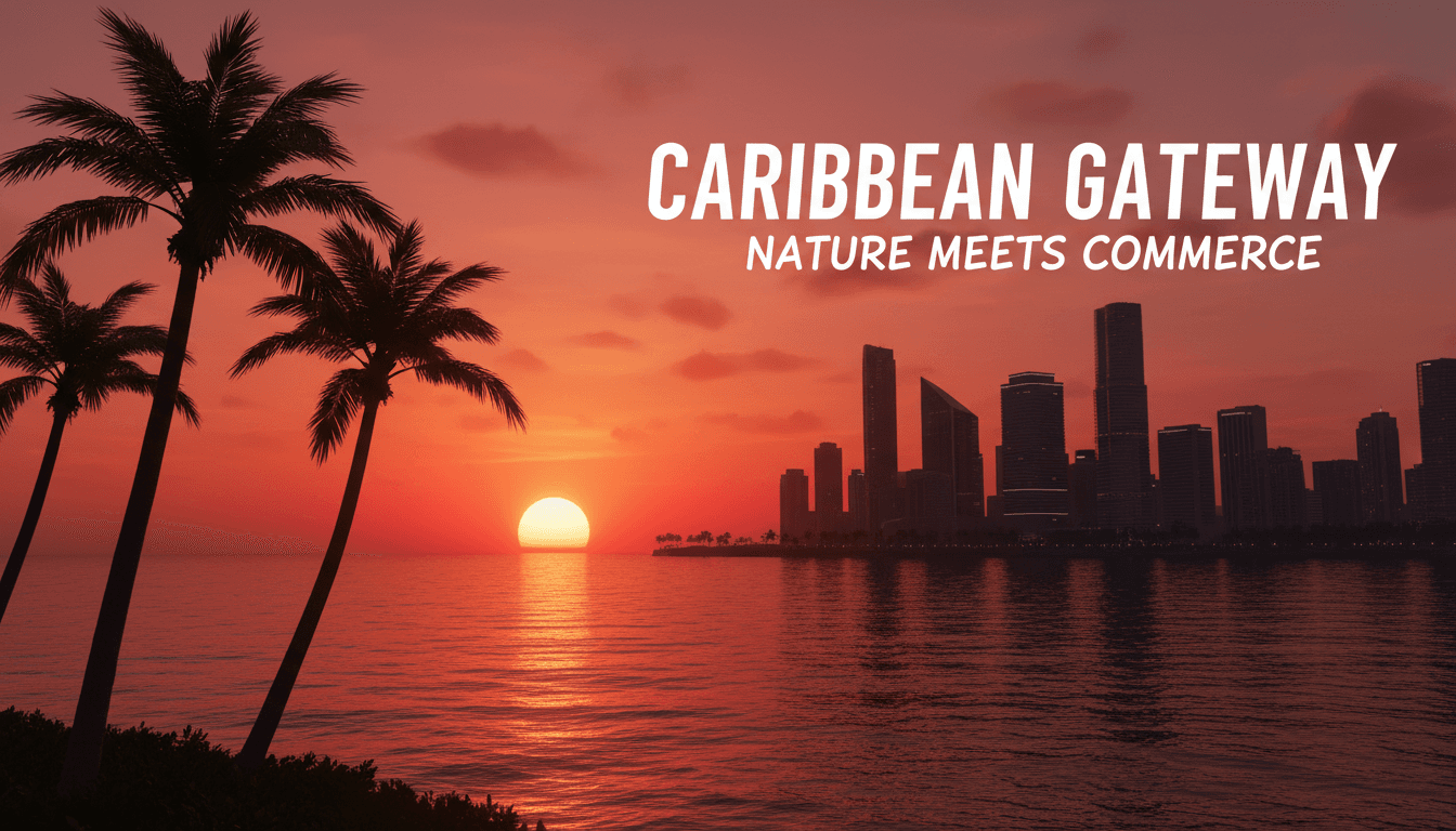 Caribbean coastline at sunset with a city skyline in the distance
