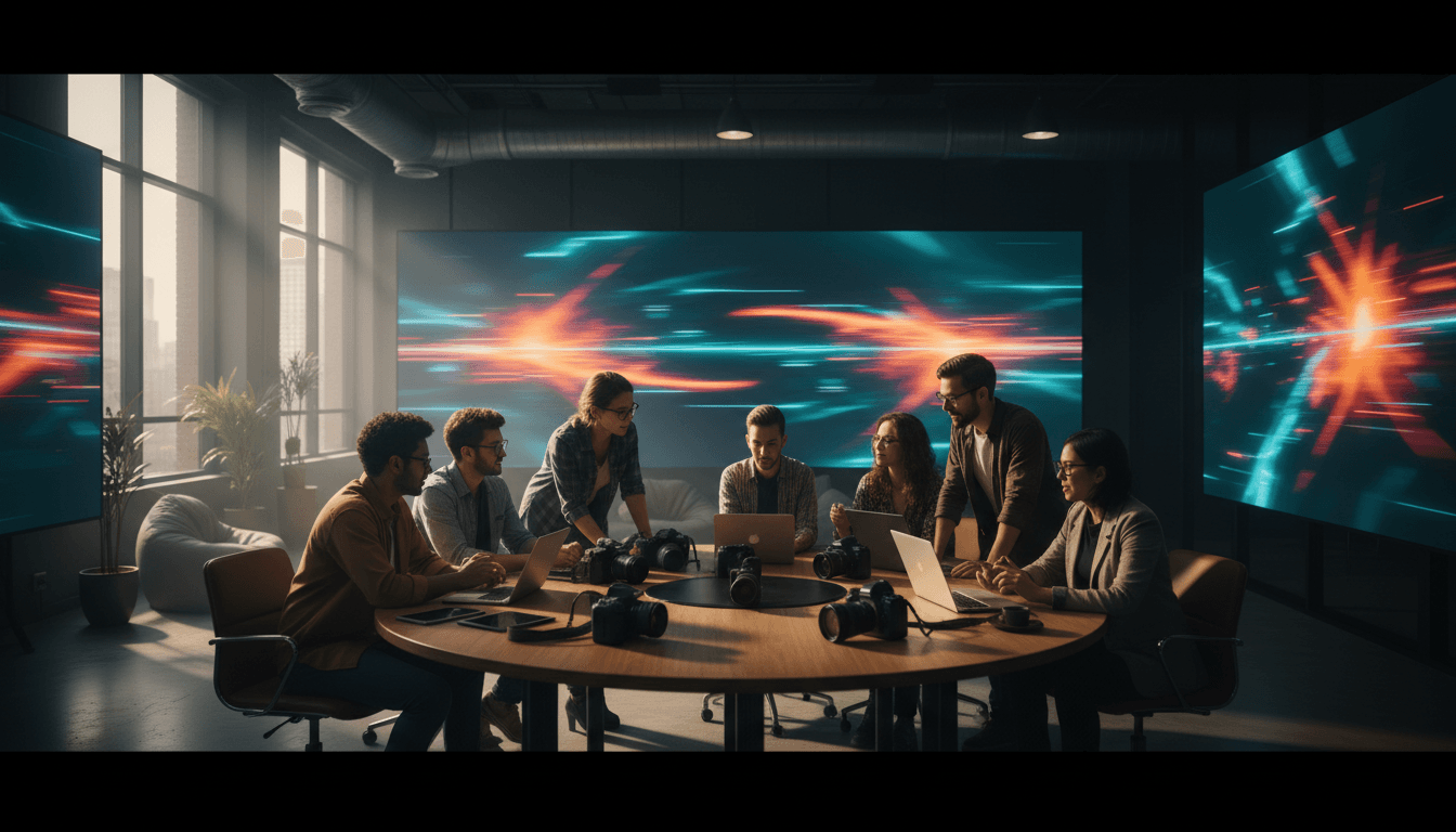 Creative team collaborating in a modern digital studio with screens showing vibrant visuals