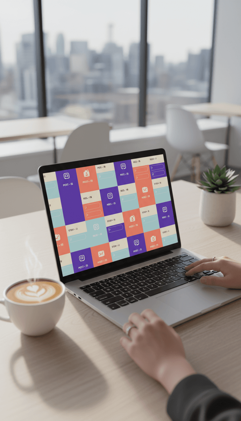 Colorful social media content calendar on a laptop screen