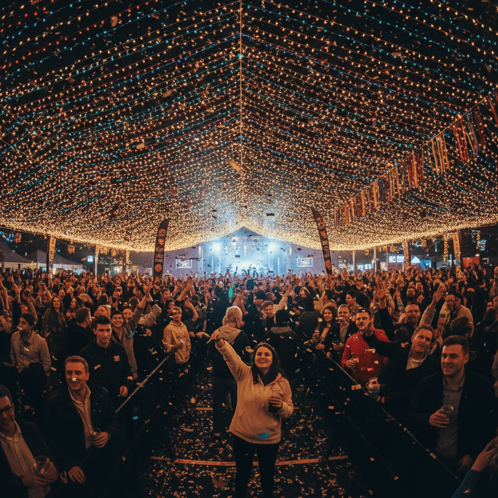 Excited crowd at a vibrant event with festive lighting