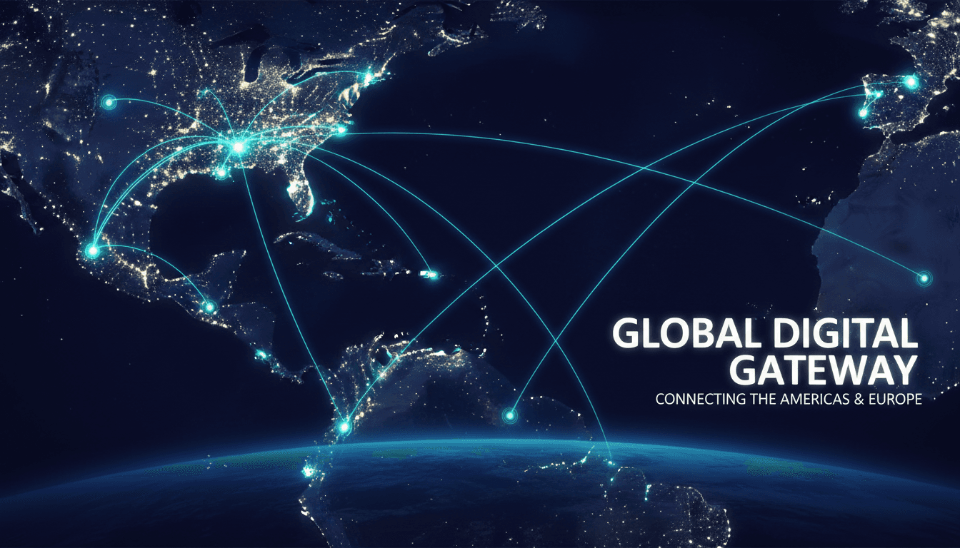 Digital network lines connecting Caribbean, Canada, UK, and USA on a world map