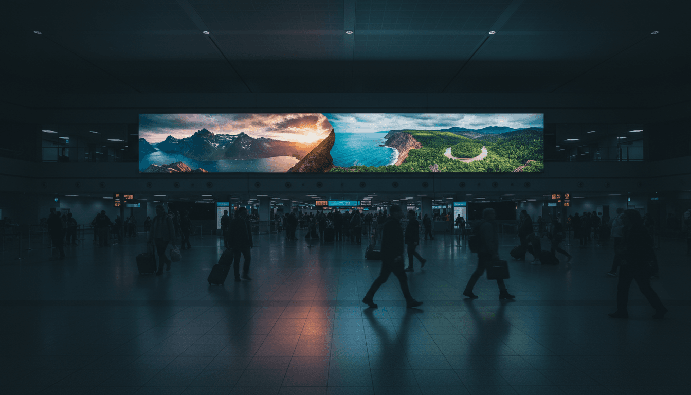 Large digital billboard in an airport showcasing a tourism campaign