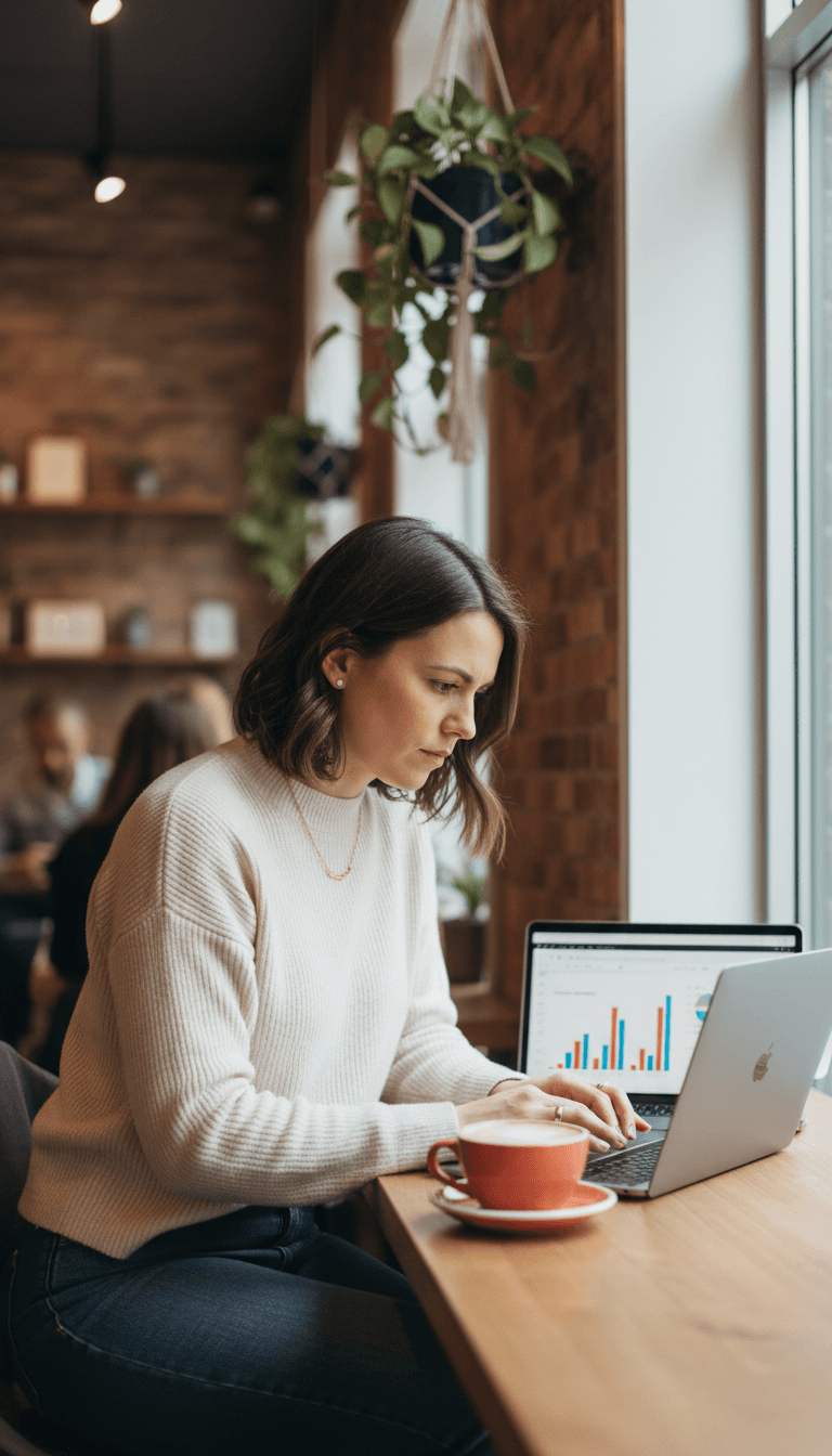 Business owner reviewing campaign analytics at a Toronto café