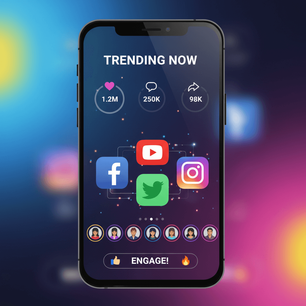 Social media icons and engagement graphics on a smartphone