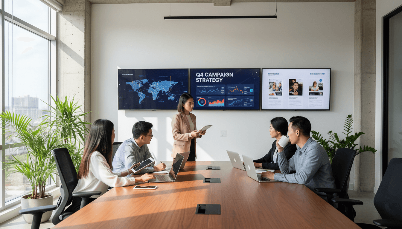 Marketing team discussing campaign analytics in a bright modern office