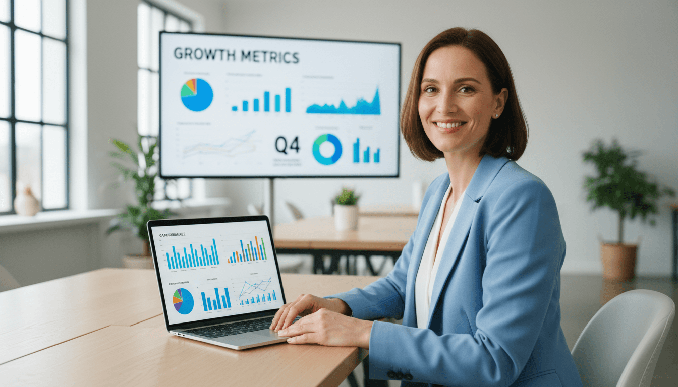 Small business owner smiling at a modern workspace with laptop and marketing charts