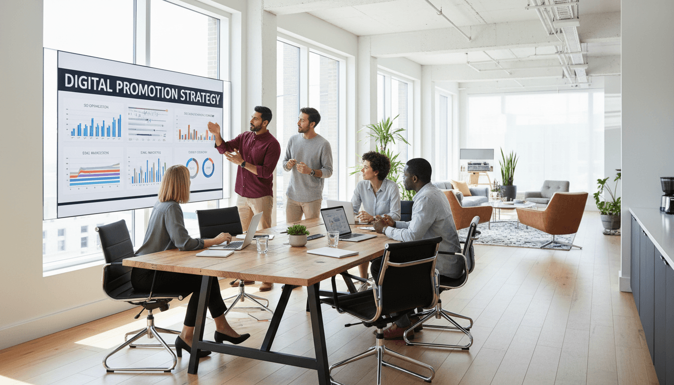 Marketing team strategizing over digital promotion plans in a modern bright office