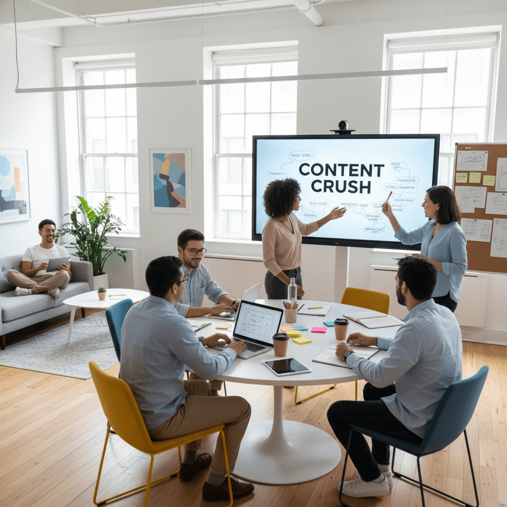 Team brainstorming content ideas in a modern workspace