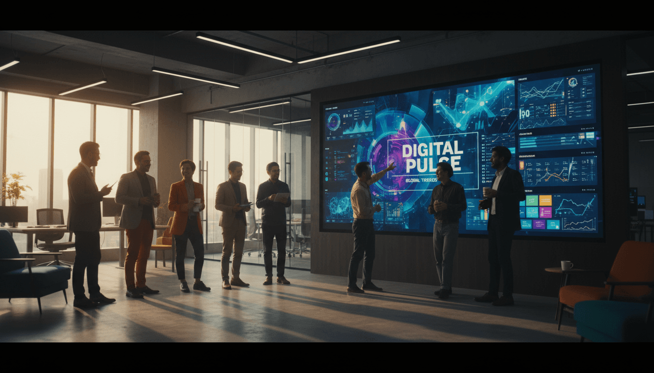 Creative team collaborating around a screen showing content publishing analytics