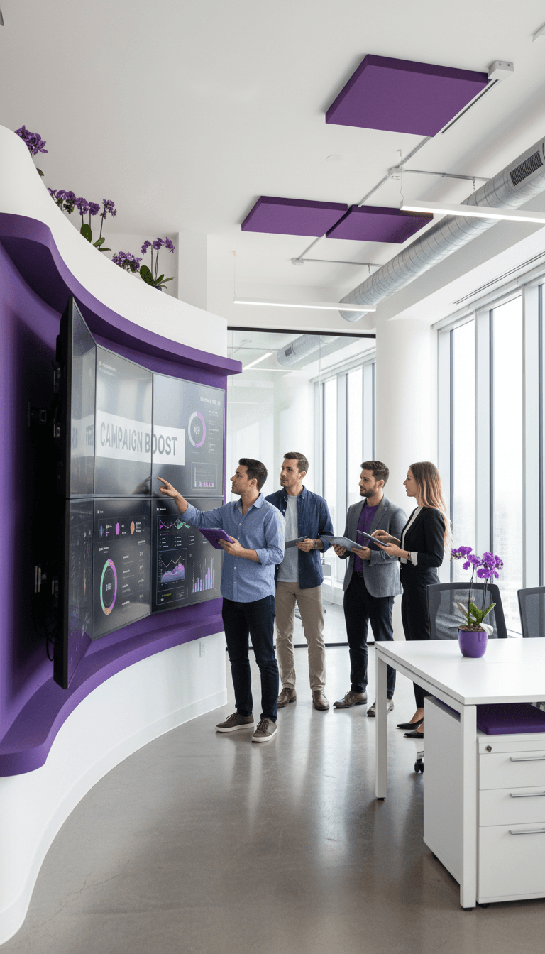 Marketing team collaborating around digital screens in a bright office
