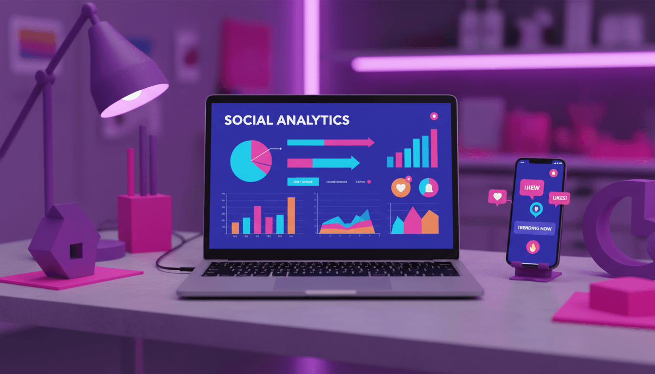 Modern workspace with laptop showing social media analytics and smartphone with engagement notifications