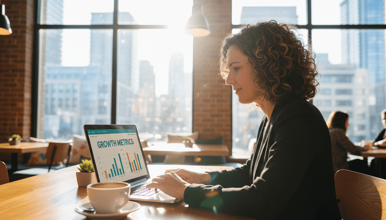 Small business owner reviewing marketing growth on a laptop in a bright café