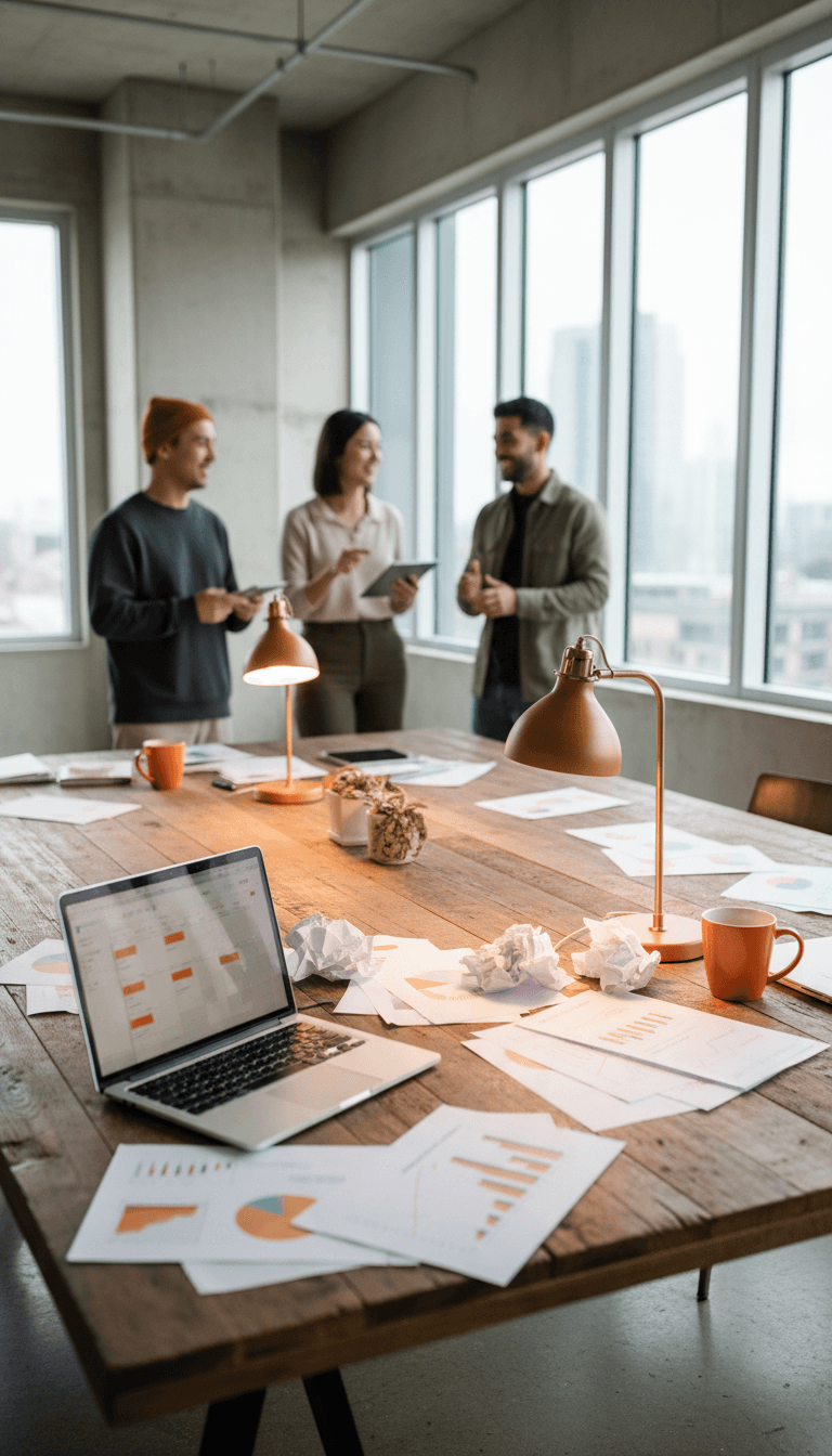 Content team reviewing distribution analytics in a modern workspace