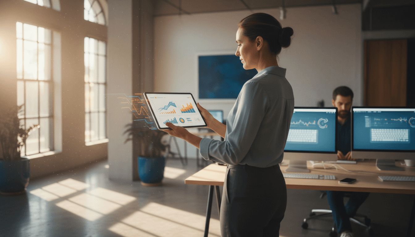 Small business owner reviewing growth analytics on a tablet in a bright modern workspace