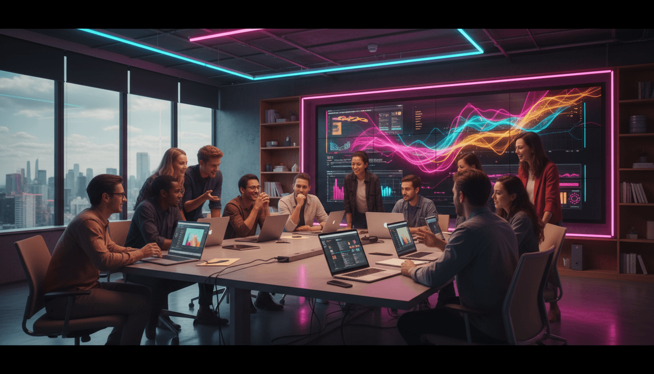 Diverse marketing team collaborating around a table with digital screens in a modern studio