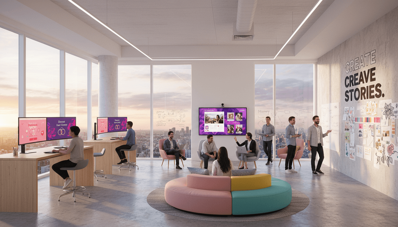 Diverse business owners collaborating around a table with laptops in a bright modern studio