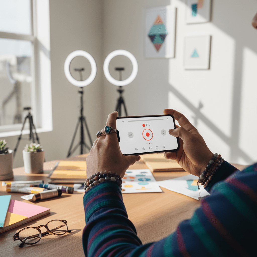 Behind-the-scenes filming of a product with smartphone on a gimbal and softbox lighting