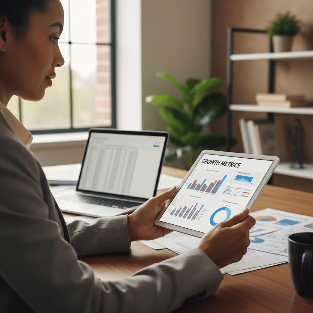Entrepreneur reviewing marketing analytics on a tablet