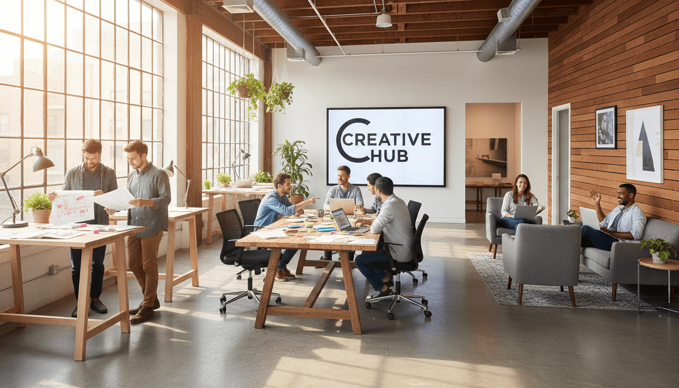 Small business team collaborating with laptops in a bright modern studio