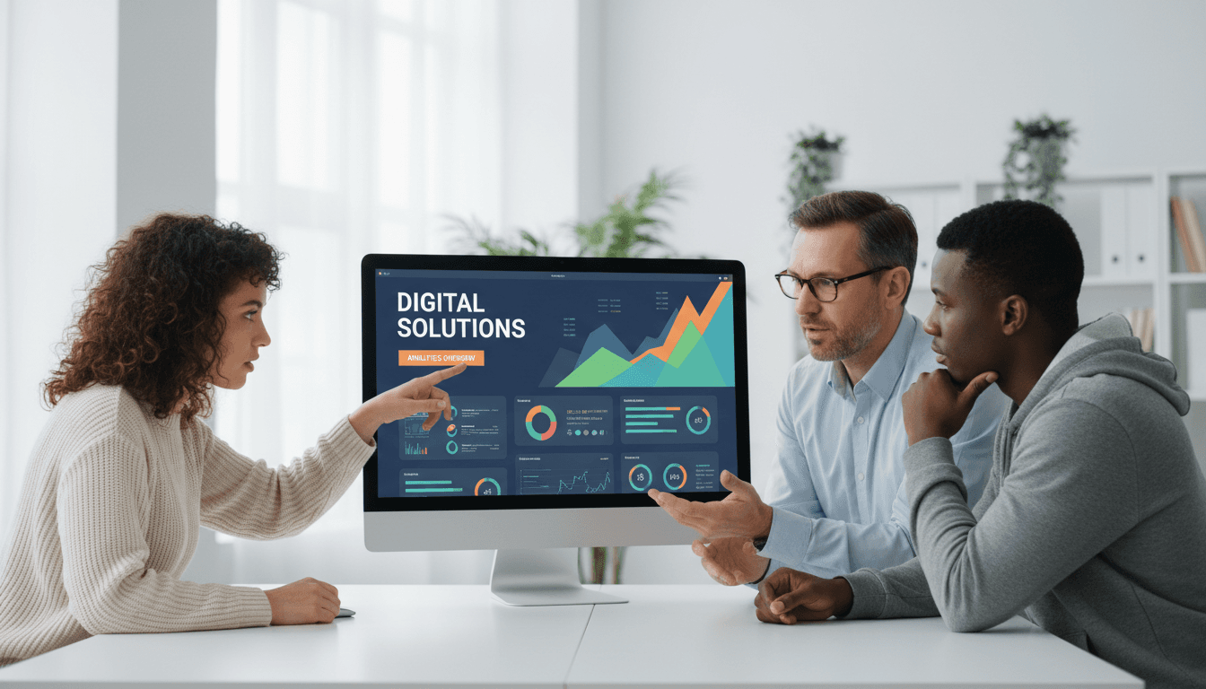 Young professionals collaborating around a table with a blurred analytics dashboard on screen