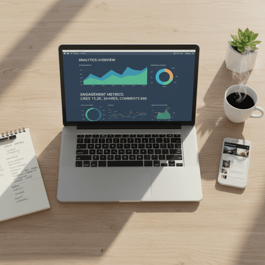 Small business owner's desk with social media planning tools