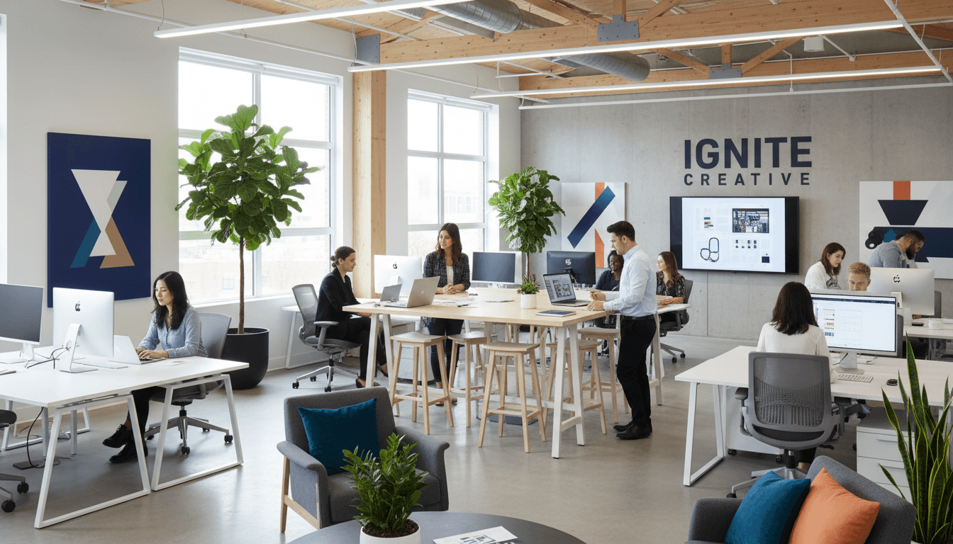 Energetic marketing team collaborating in a bright modern office